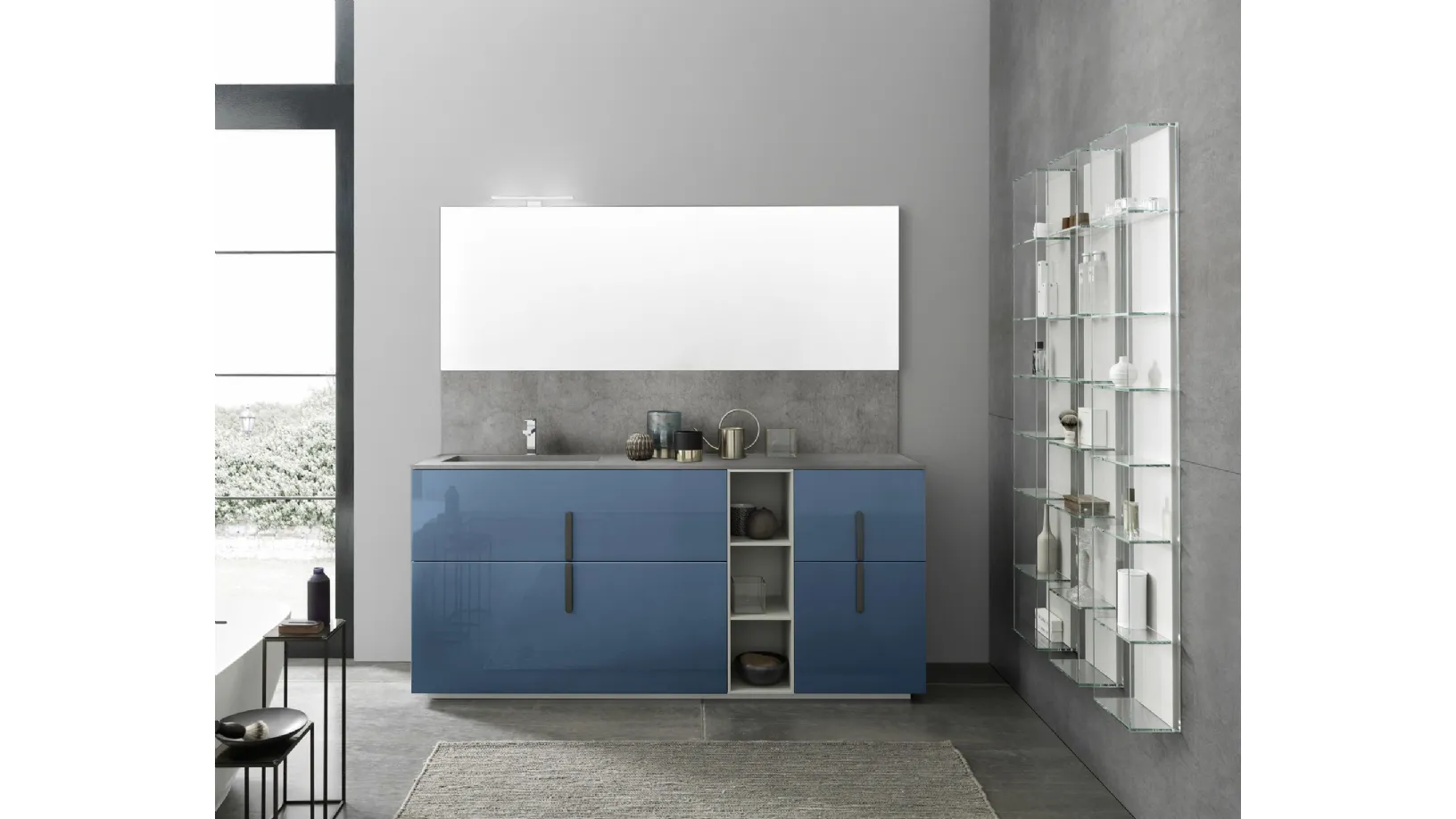 Mobile bagno da appoggio M System C012 in laccato lucido Blu Artico di Baxar