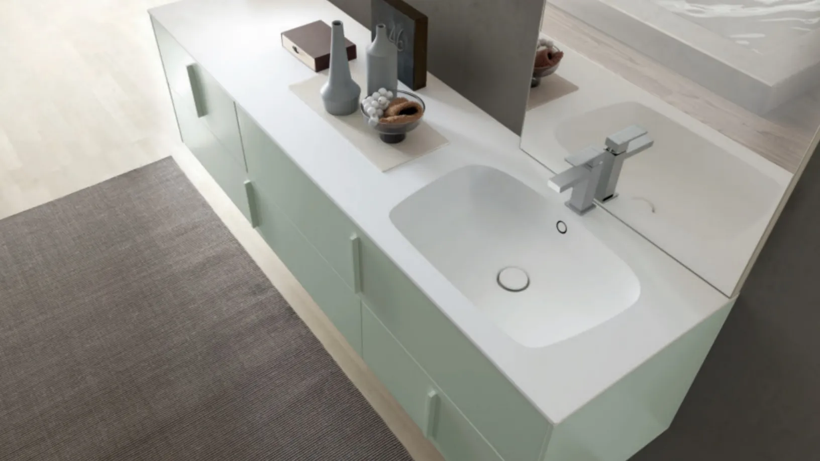 Mobile da bagno sospeso M System C014 in laccato opaco Verde Polvere e top con vasca integrata di Baxar