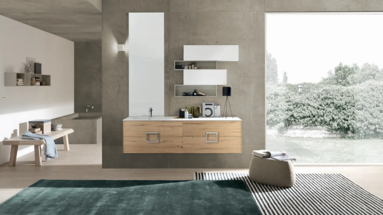 Mobile da Bagno M System C018 in melaminico effetto legno e pensili in laccato opaco di Baxar