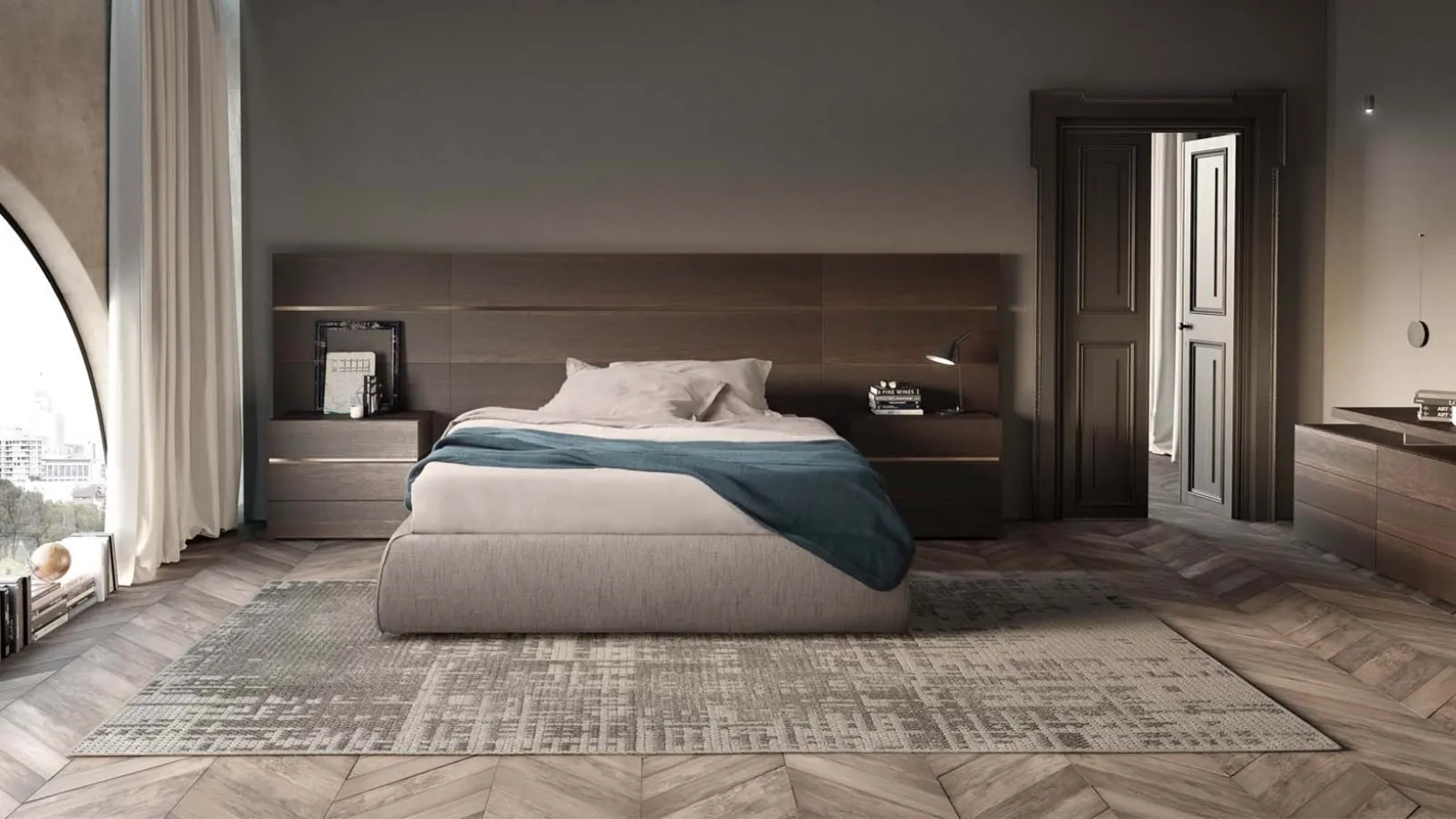 Letto matrimoniale sommier in tessuto con Boiserie in legno di Pianca