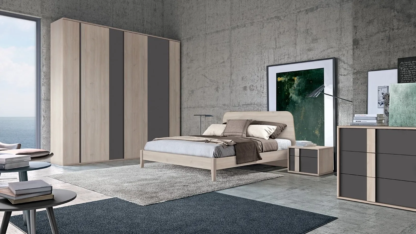 Letto matrimoniale Golf Virgo con struttura e testiera in legno chiaro di Colombini Casa