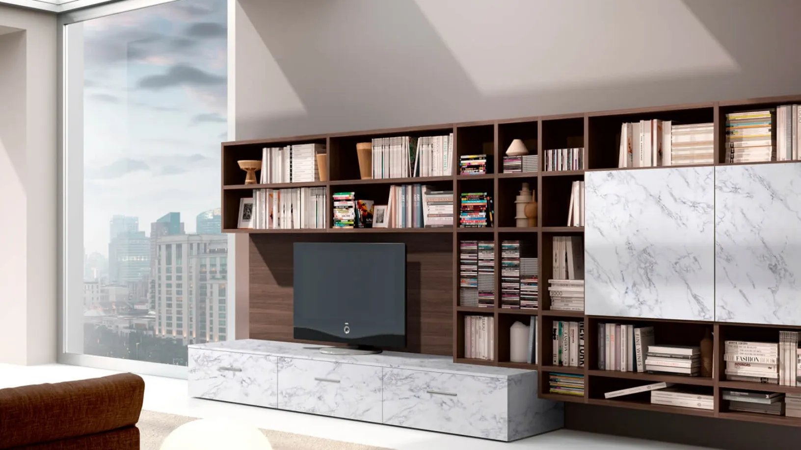 Libreria Living 81D con ante in materico effetto marmo bianco di Carrara e vani a giorno in legno di Olmo di Ferrimobili