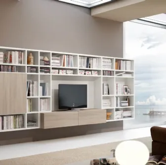 Libreria Living 82D sospesa con ante e cassettoni in legno di Olmo e vani a giorno in laccato opaco bianco di Ferrimobili