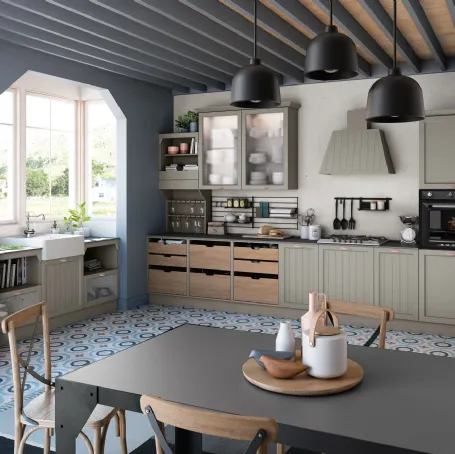Cucina Classica angolare Contempo in Frassino Argilla e laccato opaco Argilla con cestoni in massello di Frassino di Creo