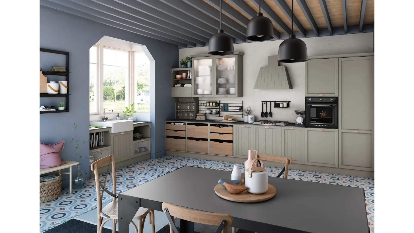 Cucina Classica angolare Contempo in Frassino Argilla e laccato opaco Argilla con cestoni in massello di Frassino di Creo