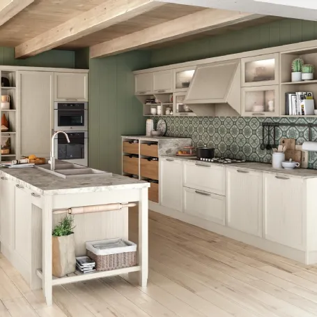 Cucina Classica con isola Contempo in Frassino laccato Bianco e Tortora di Creo