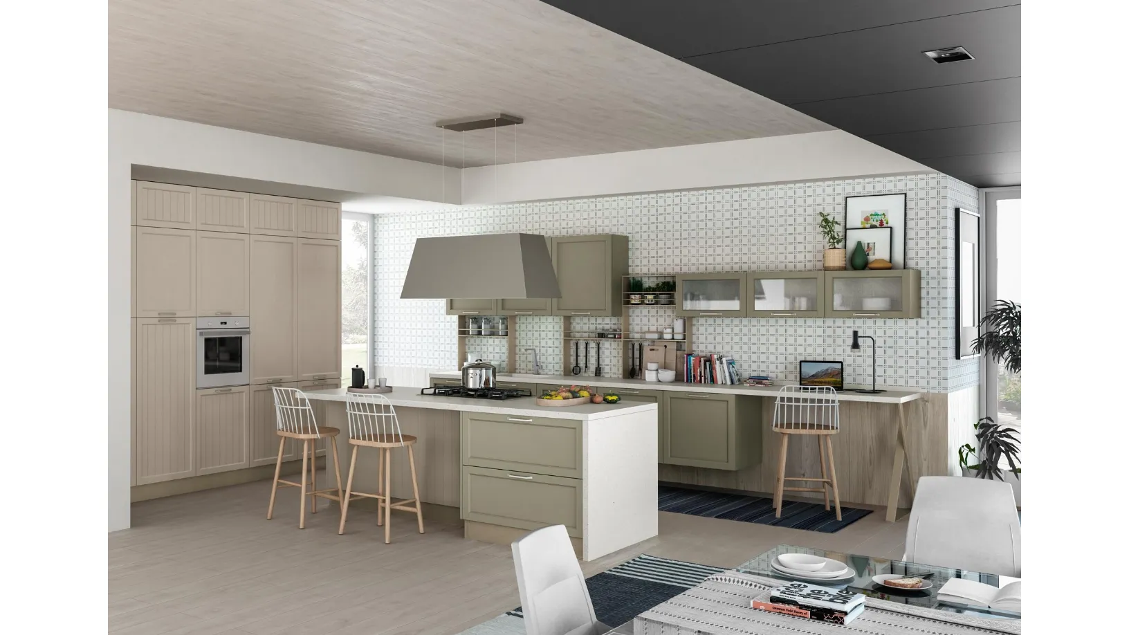 Cucina Classica Contempo in laccato opaco Verde Lichene e Frassino Tortora di Creo