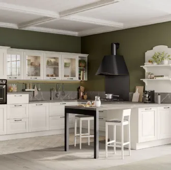 Cucina Classica angolare con penisola Oprah in legno massello laccato Bianco Camelia di Creo