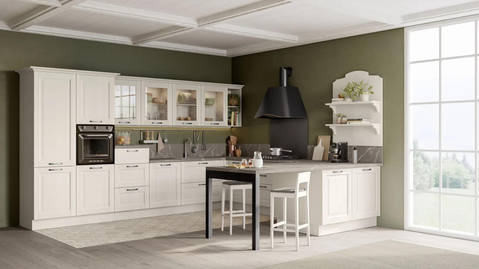 Cucina Classica angolare con penisola Oprah in legno massello laccato Bianco Camelia di Creo