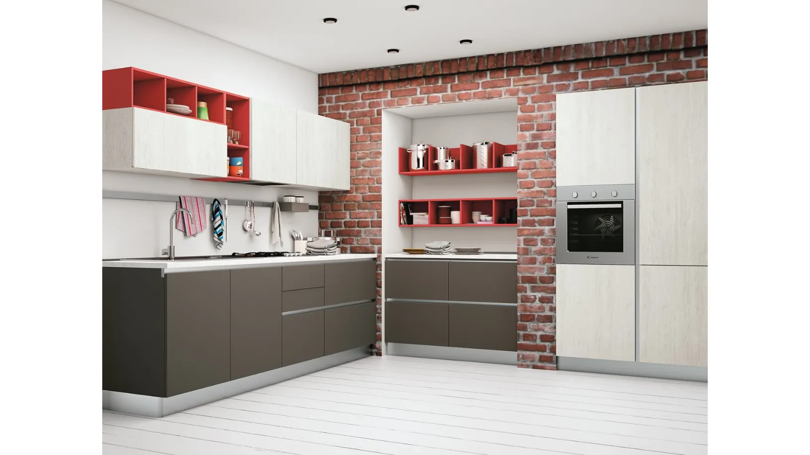 Cucina Moderna lineare Ank in laccato opaco Fango e melaminico Rovere Bianco di Creo