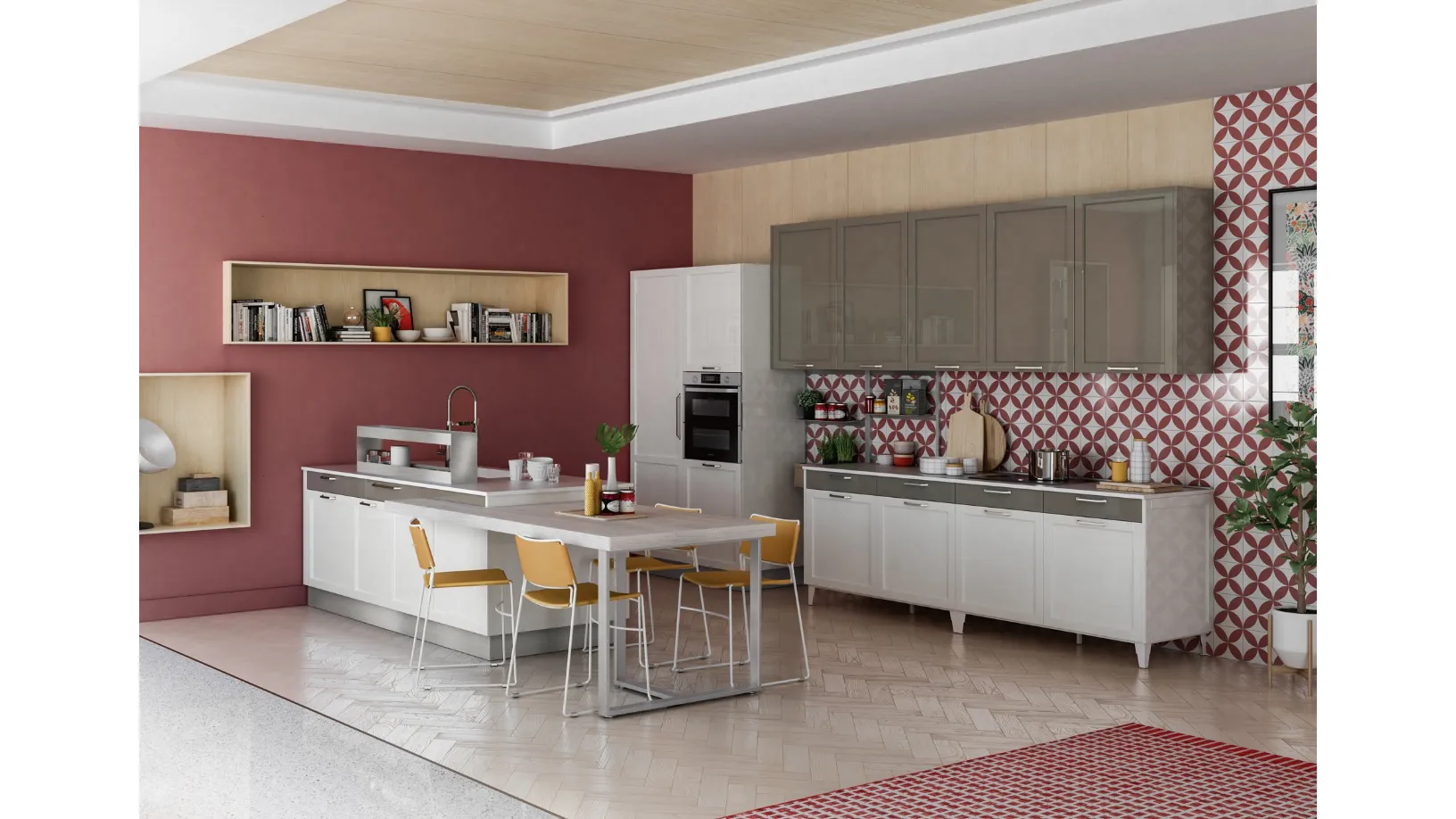 Cucina Moderna Contempo finitura Bianca con isola di Creo