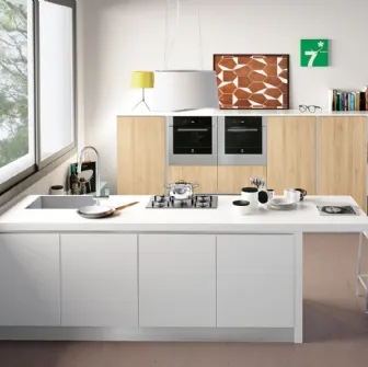 Cucina Moderna Ank Bianco Opaco con colonne in finitura Rovere Naturale di Creo