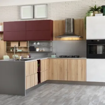 Cucina Moderna angolare Jey Feel in melaminico Rovere Ortisei, Rosso Cardinale e Stone White di Creo