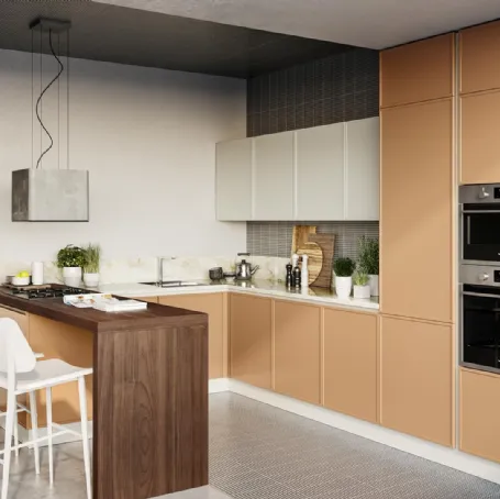 Cucina Moderna angolare con penisola Rewind in laccato opaco Cannella di Creo