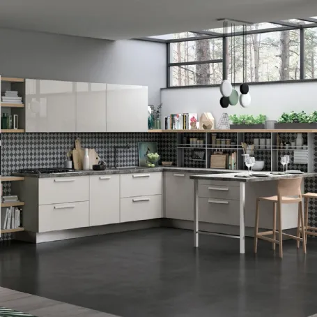 Cucina Moderna angolare con penisola Tablet in laccato Bianco opaco e lucido di Creo