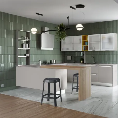 Cucina Moderna angolare con penisola Zoe in laccato opaco Grigio Seta di Creo