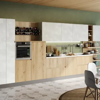 Cucina Moderna lineare Jey Feel in melaminico finitura Rovere Ortisei e Stone White di Creo