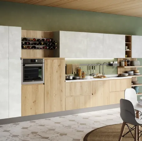 Cucina Moderna lineare Jey Feel in melaminico finitura Rovere Ortisei e Stone White di Creo