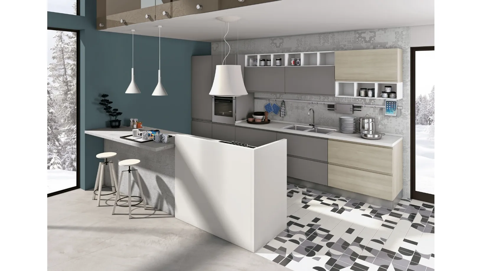 Cucina Moderna con isola Jey Feel in melaminico Grigio Antracite e Rovere Diamond di Creo