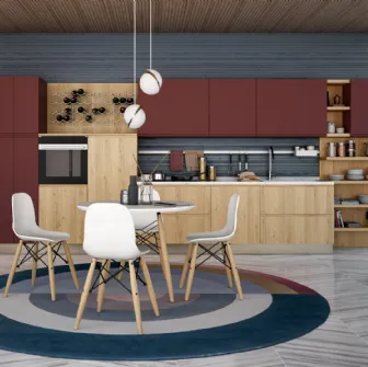 Cucina Moderna lineare Jey Feel Rovere Ortisei e Rosso Cardinale di Creo