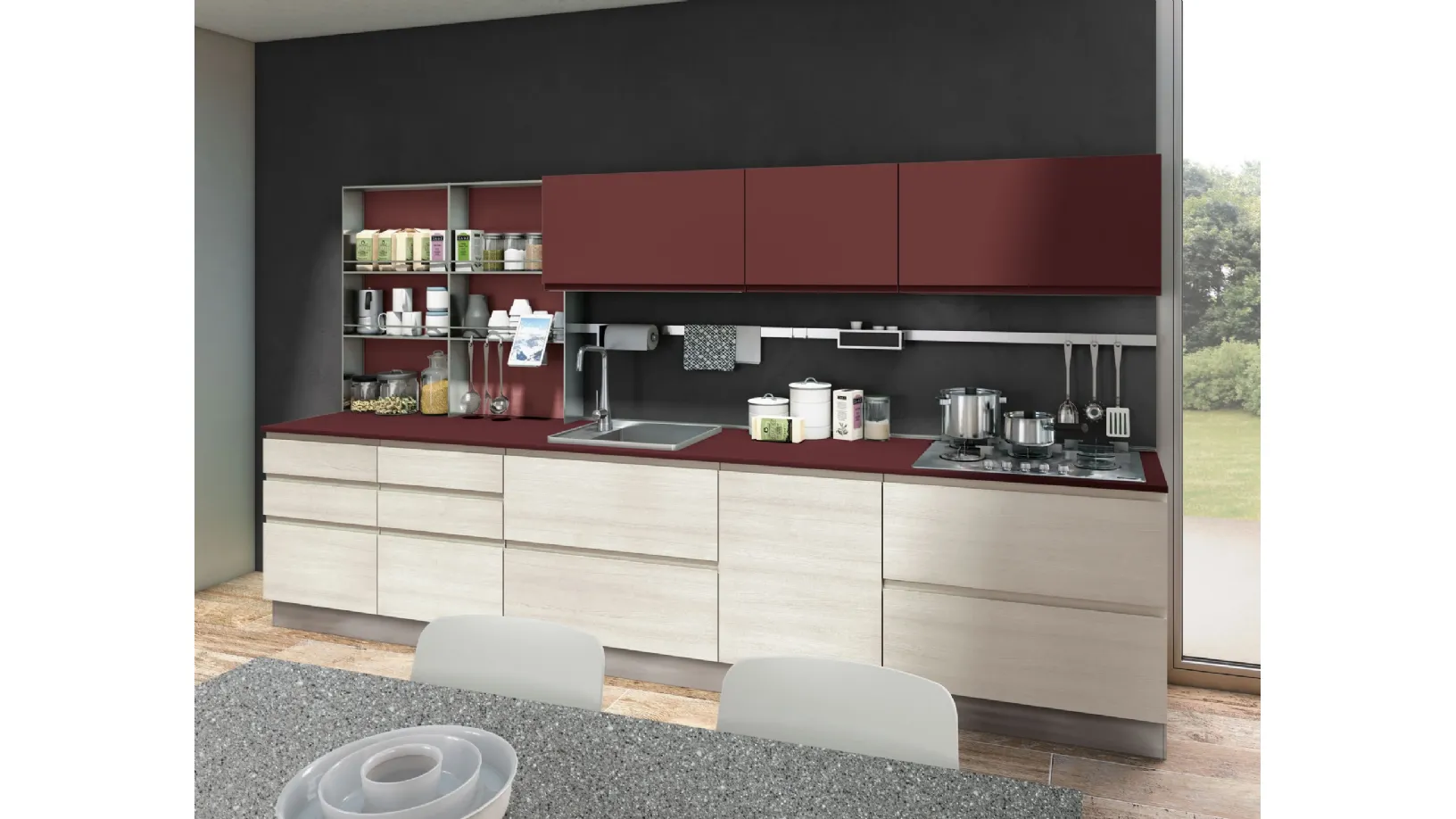 Cucina Moderna Jey Feel finitura Rovere Diamond e Rosso Cardinale Cardinale di Creo