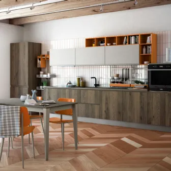 Cucina Moderna lineare Jey Feel finitura Rovere Tabià e Grigio Inox di Creo