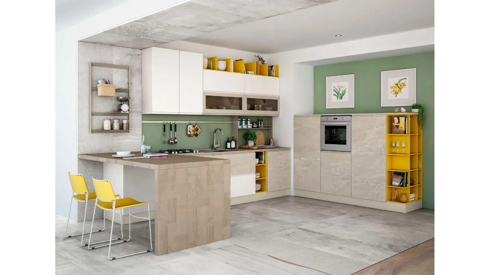 Cucina Moderna con penisola Jey Feel 09 finitura opaca marmorizzata Trani e Bianco opaco di Creo