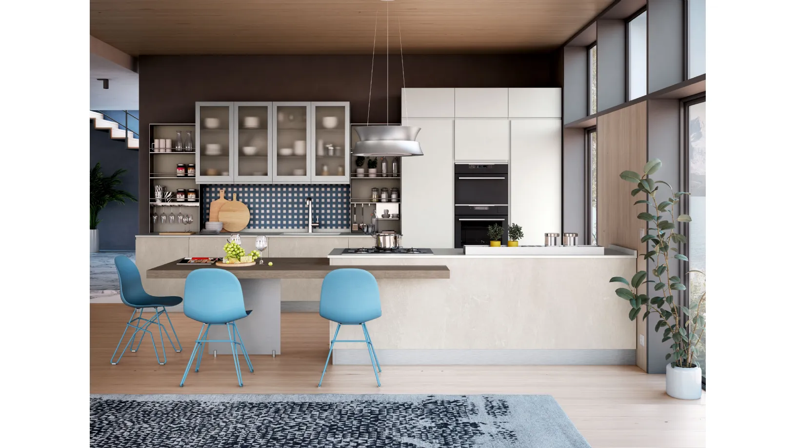 Cucina Moderna con isola Jey Feel finitura Stone White e Bianco di Creo