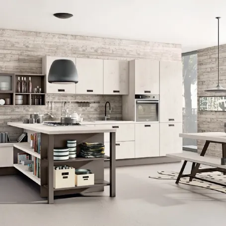 Cucina Moderna con penisola Kyra 05 in melaminico Abete Nordico Bianco di Creo