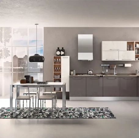 Cucina Moderna angolare Kyra in laccato lucido Fango e melaminico Abete Nordico Bianco di Creo