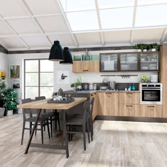 Cucina Moderna angolare Kyra in melaminico Rovere Vintage Naturale e laccato Peltro di Creo