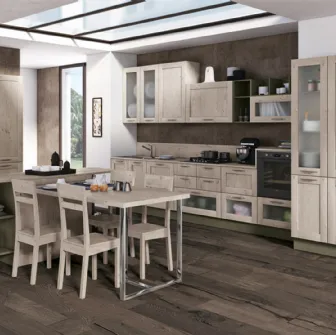 Cucina Moderna lineare Kyra Telaio in melaminico Abete Nordico Bianco e laccato opaco Verde Lichene di Creo