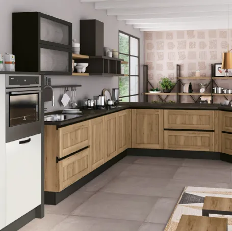 Cucina Moderna angolare Kyra Telaio in melaminico Rovere Naturale Vintage di Creo