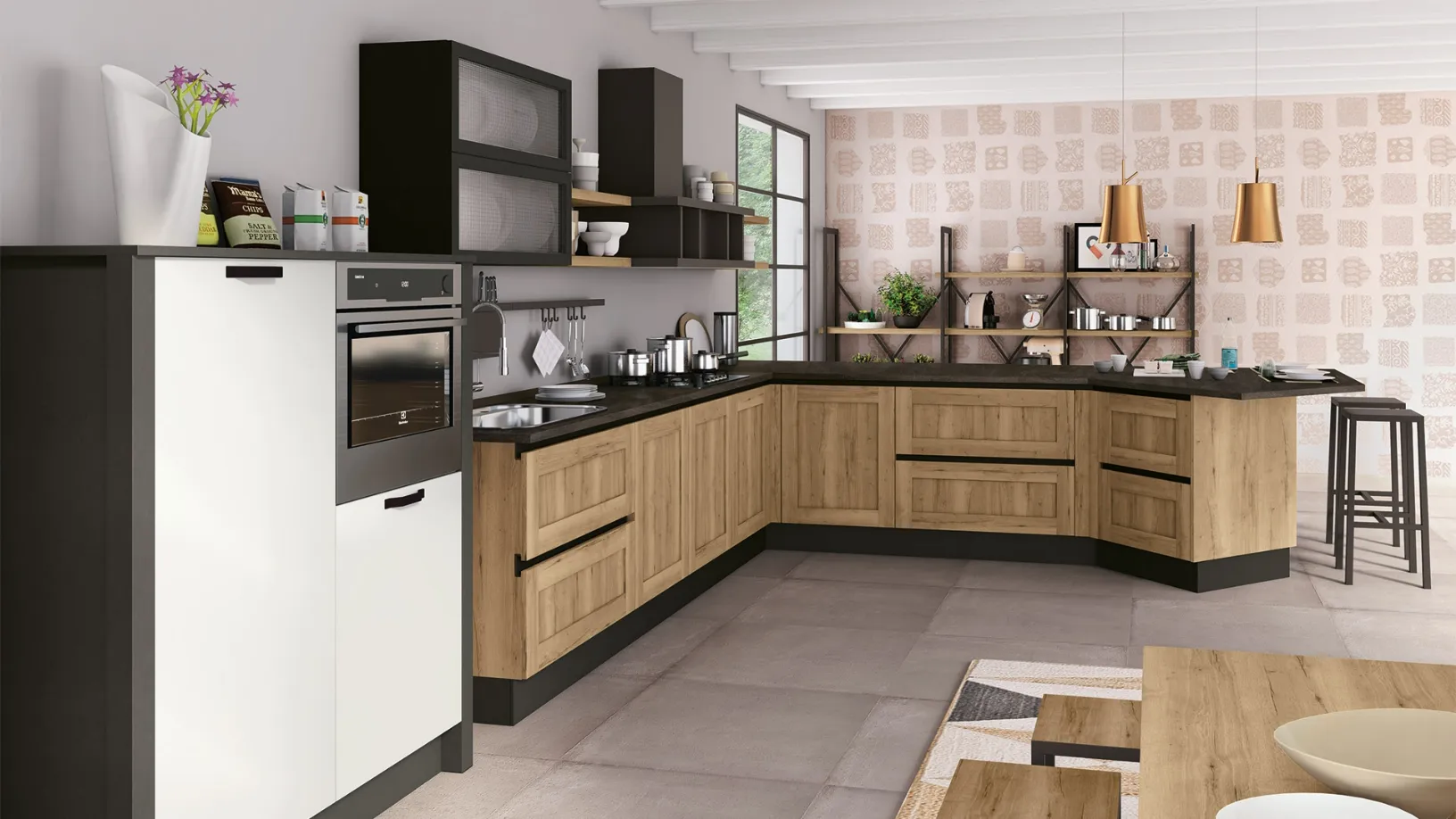 Cucina Moderna angolare Kyra Telaio in melaminico Rovere Naturale Vintage di Creo