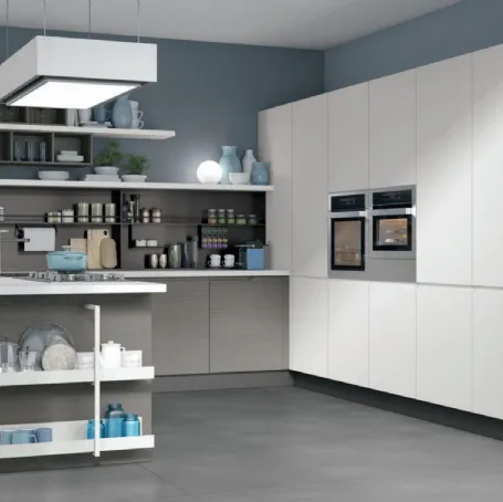 Cucina moderna con penisola Luna 05 in Rovere e melaminico di Lube