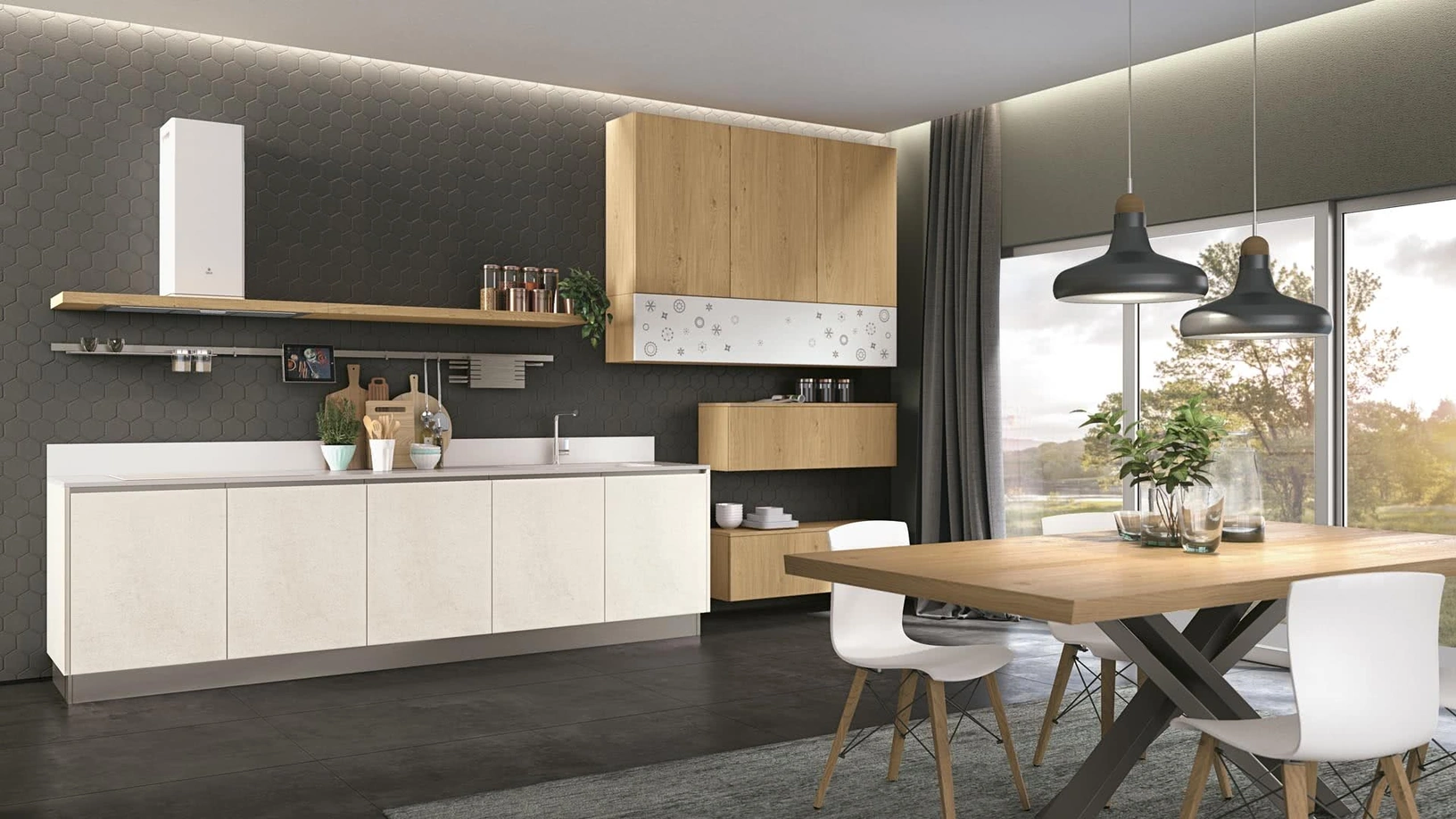 Cucina Moderna lineare in Rovere e laccato Clover 08 di Lube