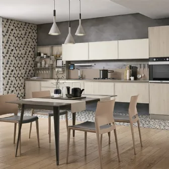 Cucina Moderna lineare Rewind 06 finitura Pine Cipria e laccato opaco Polvere di Creo