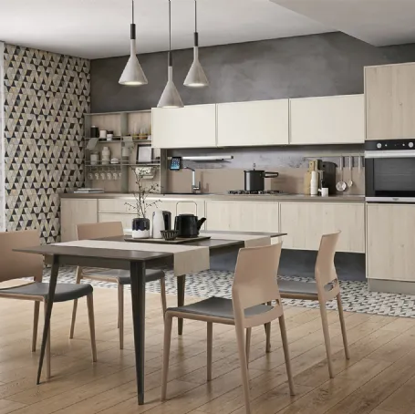 Cucina Moderna lineare Rewind 06 finitura Pine Cipria e laccato opaco Polvere di Creo