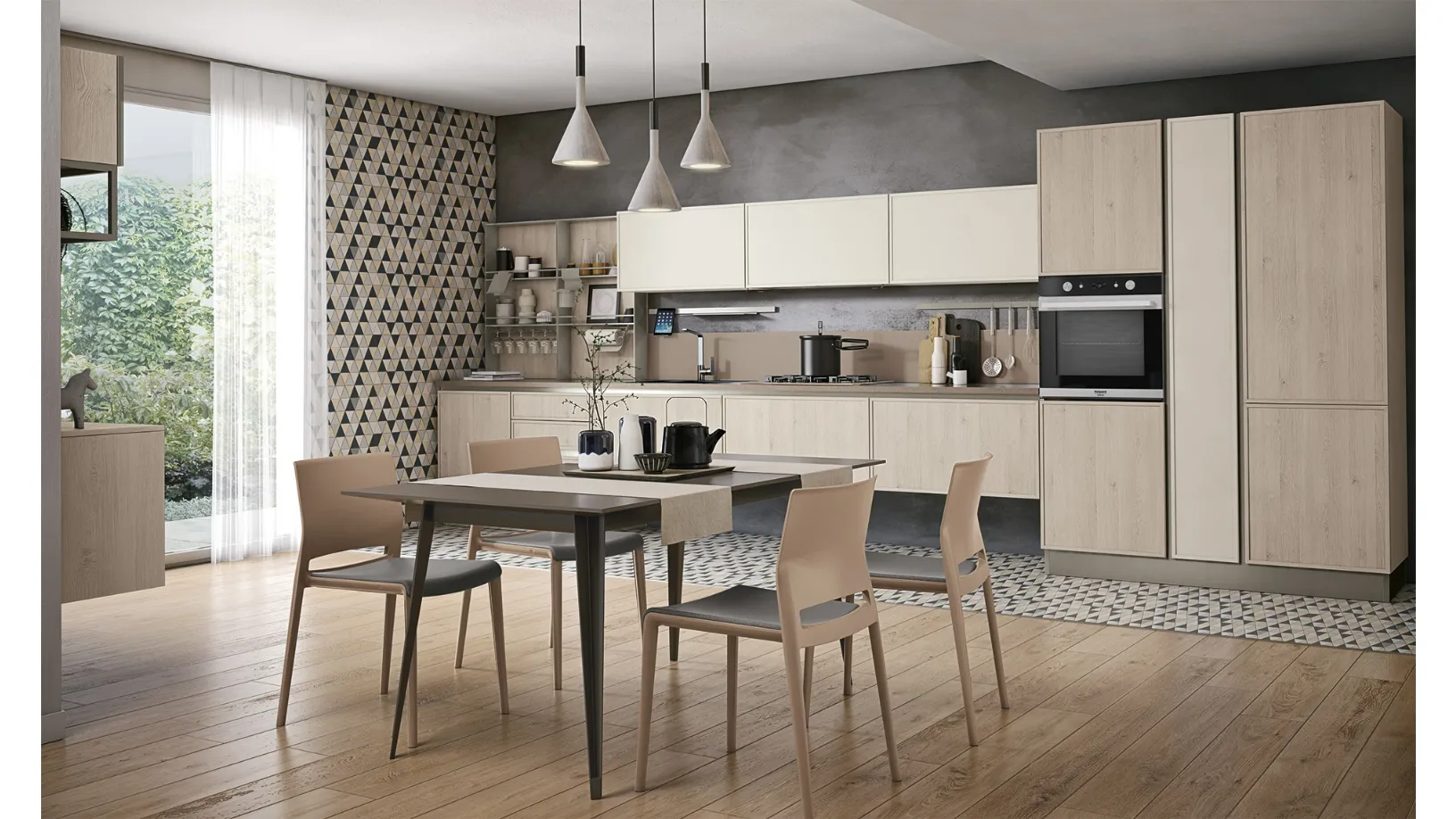 Cucina Moderna lineare Rewind 06 finitura Pine Cipria e laccato opaco Polvere di Creo