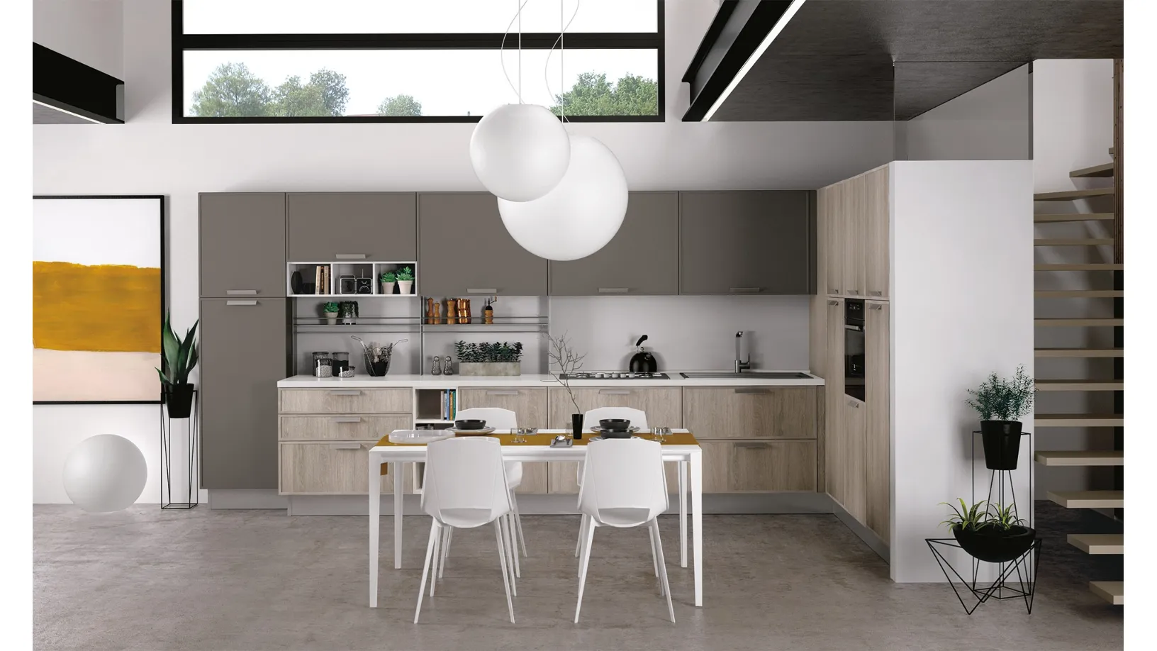 Cucina Moderna angolare Rewind 08 finitura Rovere gessato e laccato opaco Grigio Piombo di Creo