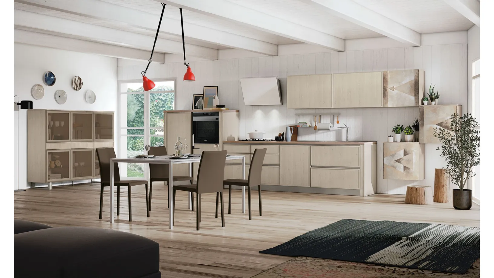 Cucina Moderna lineare Rewind finitura Pine Polar e pensili con decoro di Creo