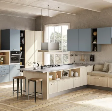 Cucina Moderna Rewind Pine Polar e Azzurro Nube di Creo