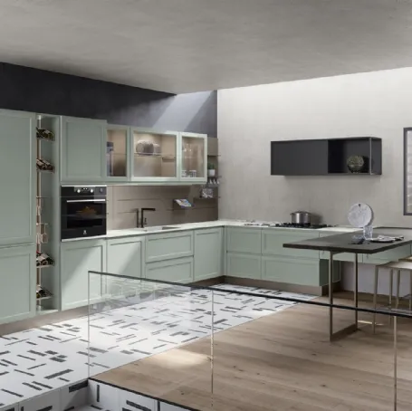 Cucina Moderna angolare Selma in Frassino laccato Verde Fiordo di Creo