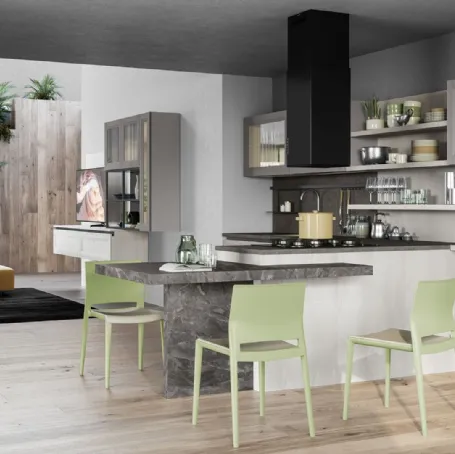 Cucina Moderna Smart 08 finitura Frassino Bianco Alpino con penisola in laminato Marmo nuvolato di Creo