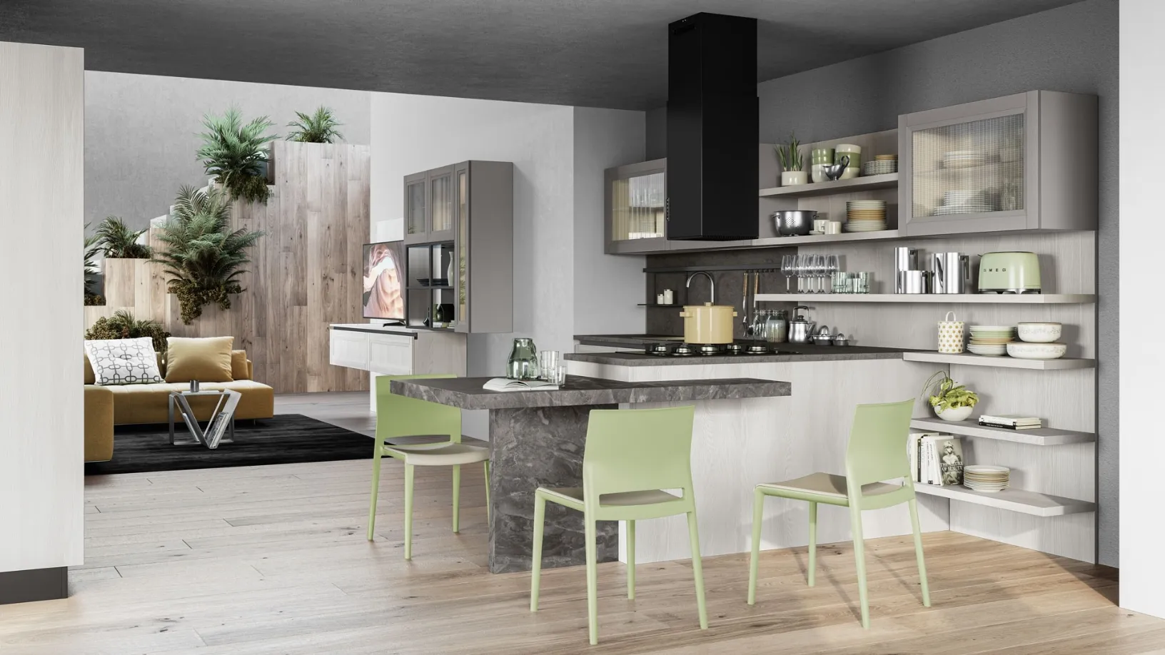 Cucina Moderna Smart 08 finitura Frassino Bianco Alpino con penisola in laminato Marmo nuvolato di Creo