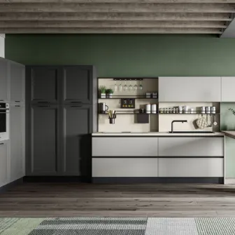 Cucina Moderna con penisola Smart finitura Carbone Supermatt e laccato opaco Polvere di Creo