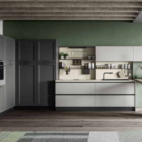 Cucina Moderna con penisola Smart 04 finitura Carbone Supermatt e laccato opaco Polvere di Creo