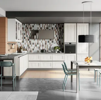 Cucina Moderna angolare con penisola Smart 09 finitura Frassino Bianco Alpino e Pet Gesso Supermatt di Creo