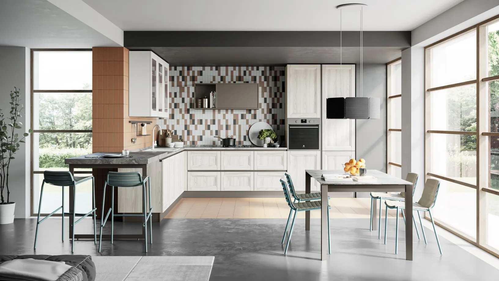 Cucina Moderna angolare con penisola Smart 09 finitura Frassino Bianco Alpino e Pet Gesso Supermatt di Creo