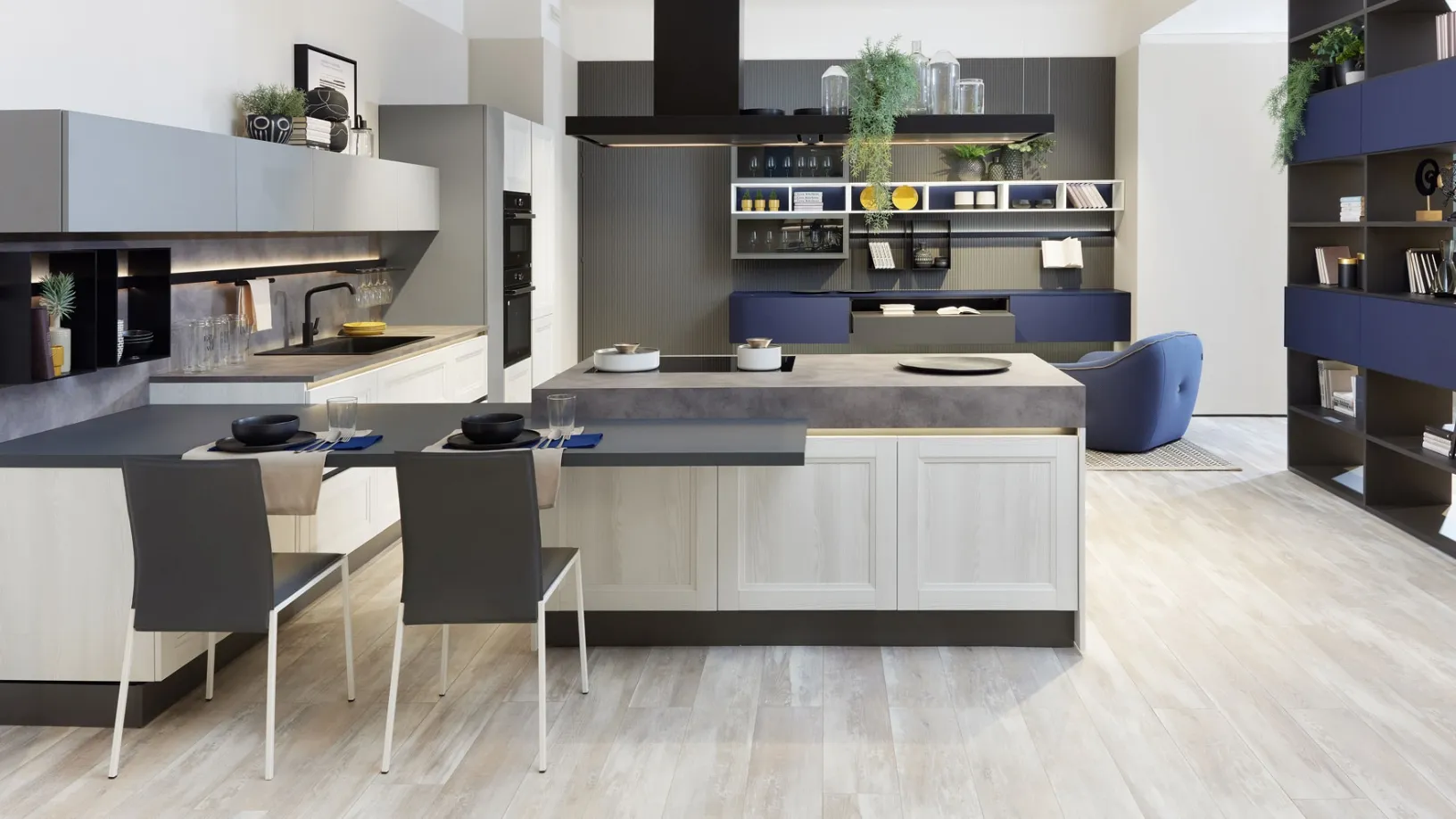 Cucina Moderna angolare con penisola Smart finitura Frassino Bianco e Pet Luna di Creo